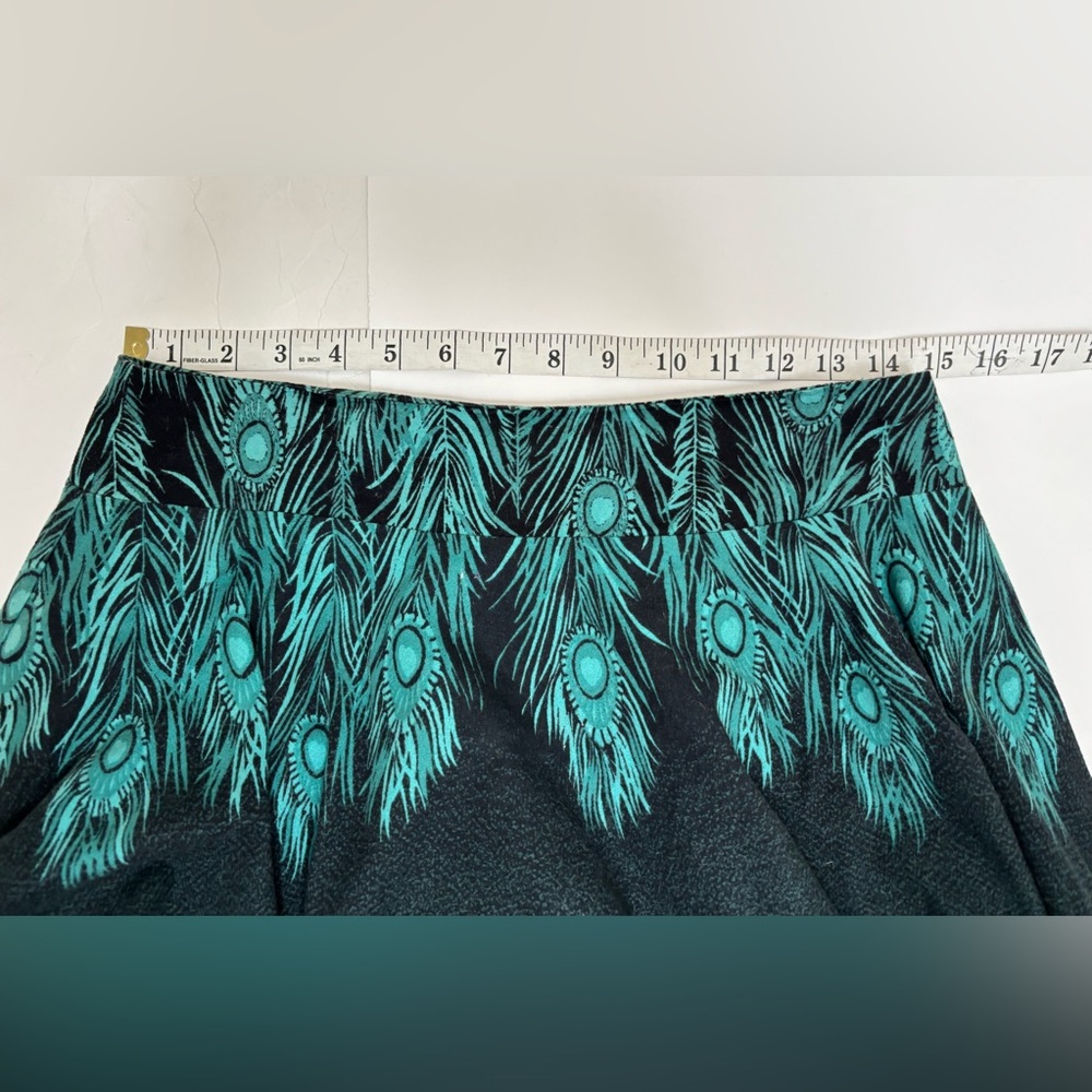 H&M peacock feather flare midi skirt size 6 turquoise green bohemian boho hippie - Picture 8 of 14